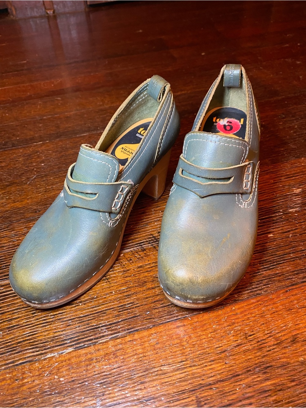 VGUC Swedish Hasbeens Penny Loafer Platform Clog Sepia Blue Green Leather